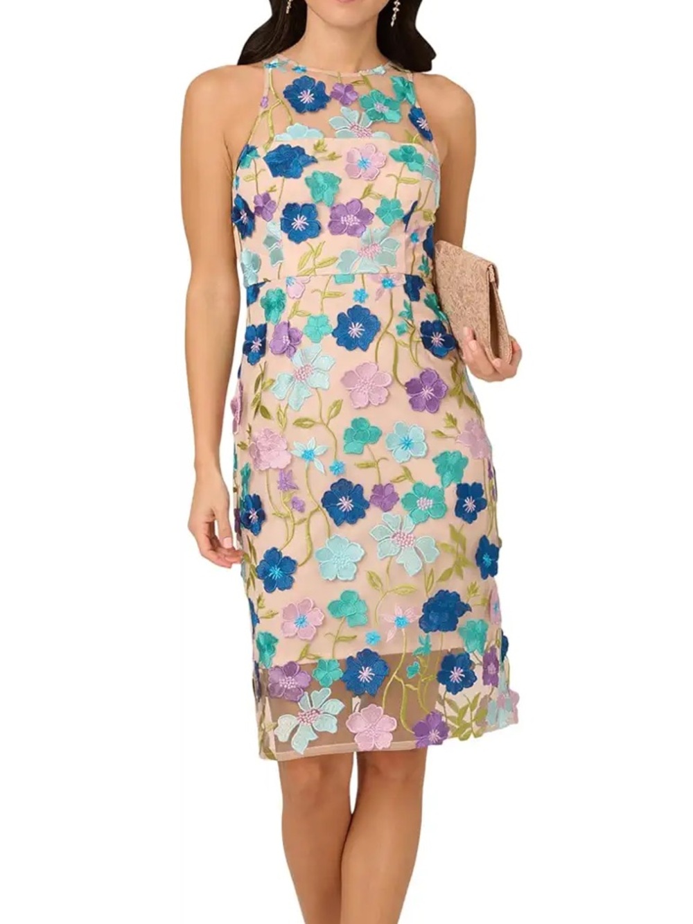 Adrianna Papell Floral Embroidered Applique Column Midi Dress Pink Size 4